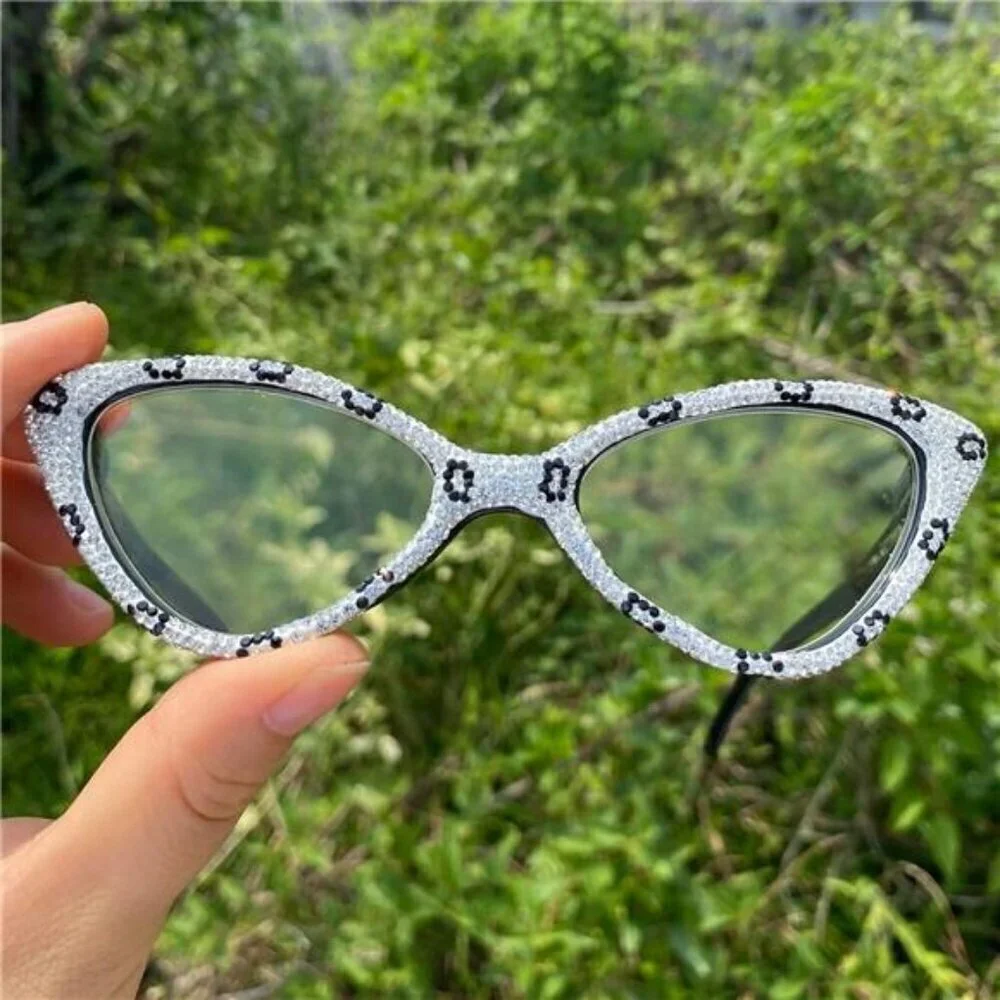 White Rhinestone Cat-Eye Glasses Vintage Frames with Black Leopard X1.0 Magnify